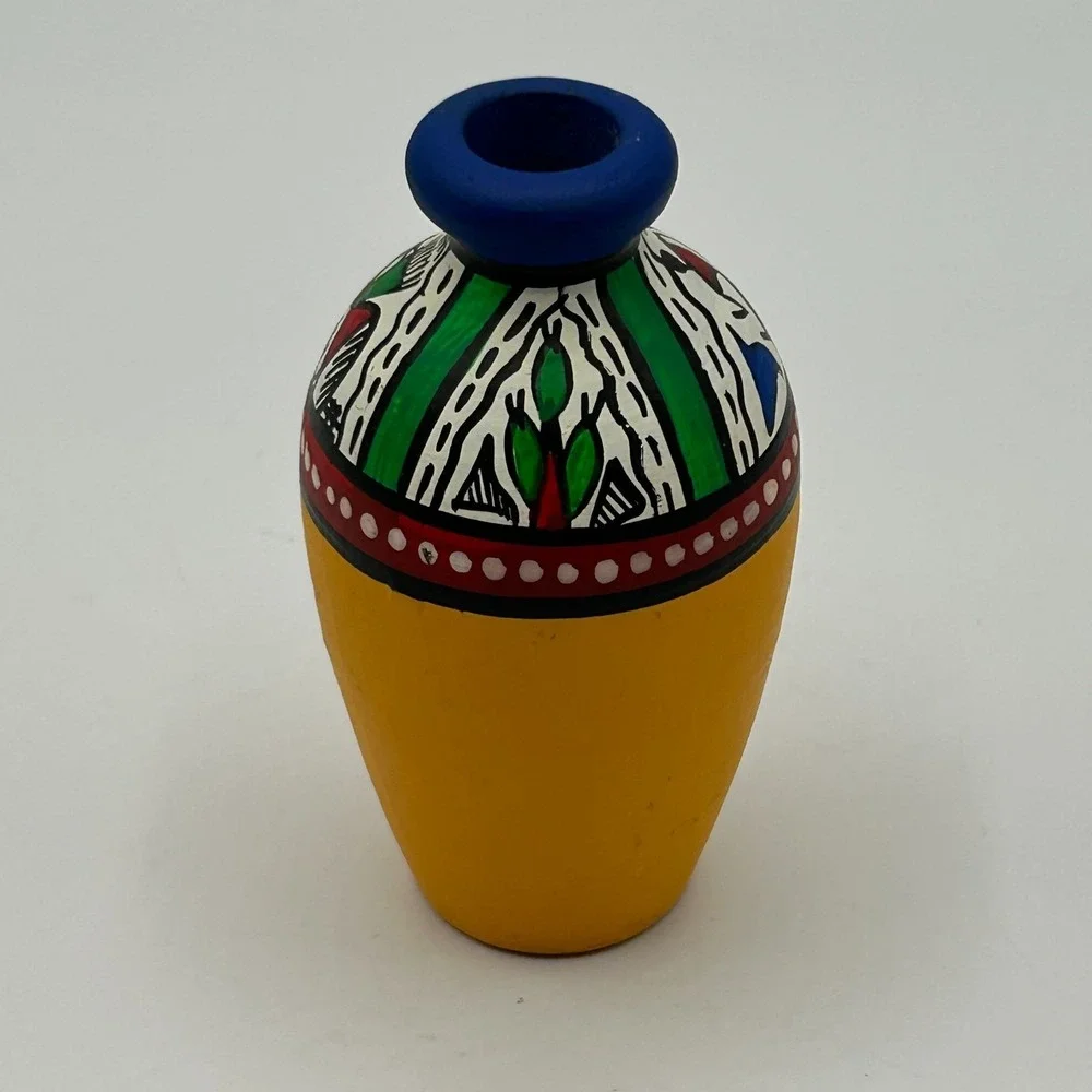 Terracotta Hand Painted Flat Warli Miniature Bud Vase Colorful Indian Tribal Art